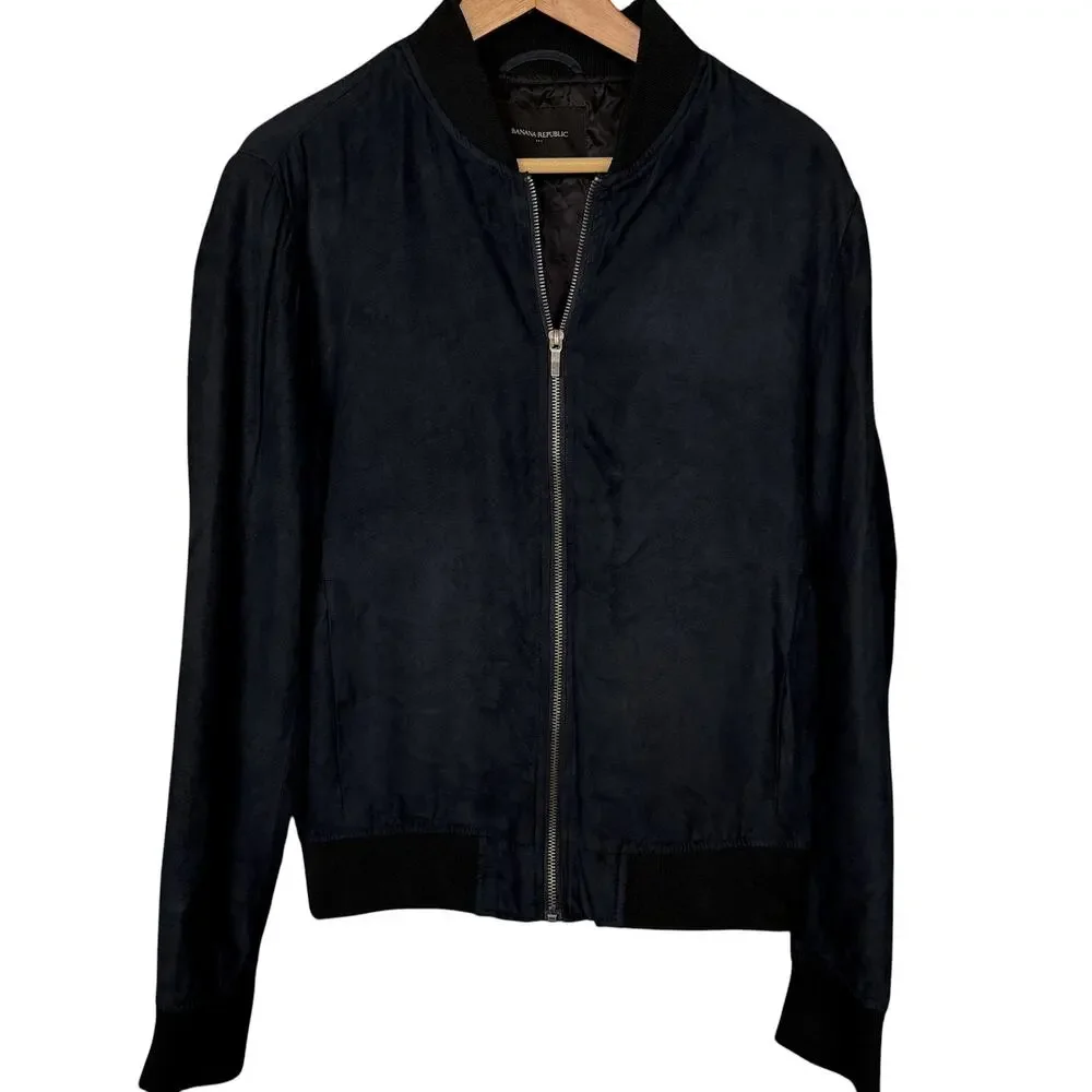 Banana Republic Vegan Faux Suede Bomber Jacket Mens Small Navy Blue Full Zip
